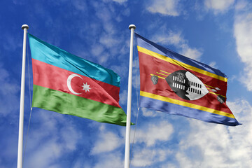 3d illustration. Azerbaijan and Eswatini Flag waving in sky. High detailed waving flag. 3D render. Waving in sky. Flags fluttered in the cloudy sky.