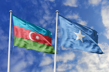 3d illustration. Azerbaijan and Somalia Flag waving in sky. High detailed waving flag. 3D render. Waving in sky. Flags fluttered in the cloudy sky.