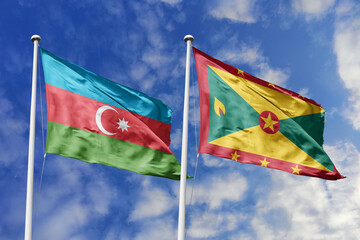 3d illustration. Azerbaijan and Grenada Flag waving in sky. High detailed waving flag. 3D render....