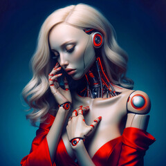 portrait of blonde android woman in red dress