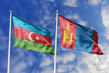 3d illustration. Azerbaijan and Mongolia Flag waving in sky. High detailed waving flag. 3D render. Waving in sky. Flags fluttered in the cloudy sky.