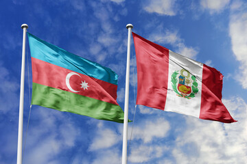 3d illustration. Azerbaijan and Peru Flag waving in sky. High detailed waving flag. 3D render. Waving in sky. Flags fluttered in the cloudy sky.