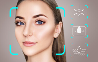 Infographic elements shows cleansing effect on beautiful female face.