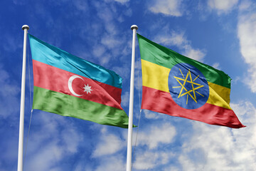 3d illustration. Azerbaijan and Ethiopia Flag waving in sky. High detailed waving flag. 3D render....