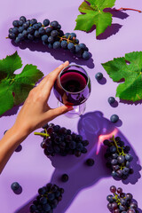 Female hand reaching out towards glass of red wine, red grapes bunches and leaves scattered around on purple background, artistic food styling.