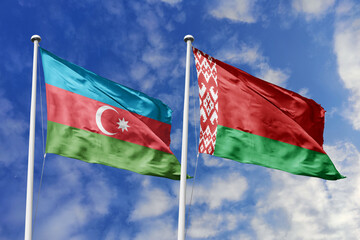 3d illustration. Azerbaijan and Belarus  Flag waving in sky. High detailed waving flag. 3D render. Waving in sky. Flags fluttered in the cloudy sky.