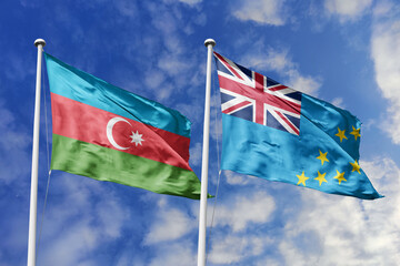 3d illustration. Azerbaijan and Tuvalu Flag waving in sky. High detailed waving flag. 3D render....