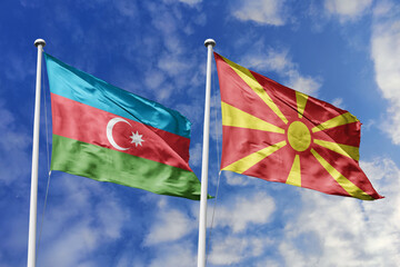 3d illustration. Azerbaijan and North Macedonia Flag waving in sky. High detailed waving flag. 3D...