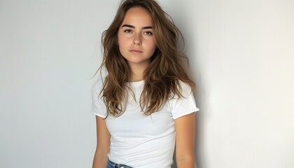 Obraz premium Young Woman in White T-Shirt with Messy Hair
