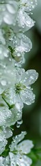 Close-up of summer rain dropping on white wildflower. Gardener watering garden lawn. Freshness environment