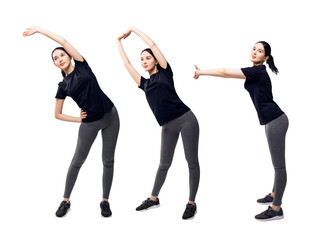 Collage of full length young woman in sportswear doing exercises.