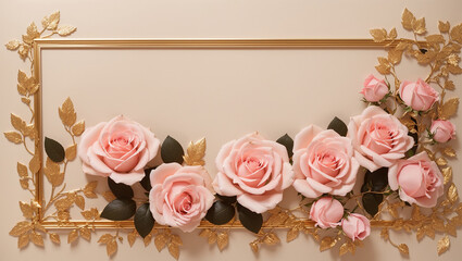 A pink rose bouquet in a gold frame with pink background

