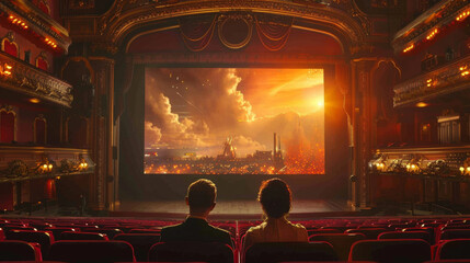 A couple enjoying a classic film in a vintage theater with ornate decor and a glowing screen.