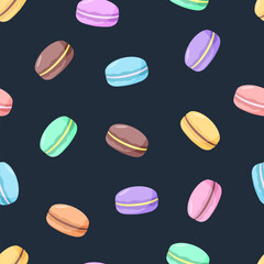 Seamless pattern with colorful macaroon cookies. Vector background wallpaper sweet dessert.