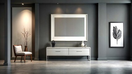 mockup of empty frame to place your image or logo, in elegant gray room in a big city building