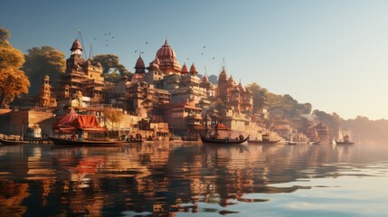Majestic View of Varanasi Ghats and River Ganges at Sunrise in India