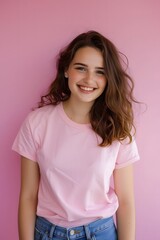 Fototapeta premium Smiling Girl in Pink T-Shirt Against Pink Background