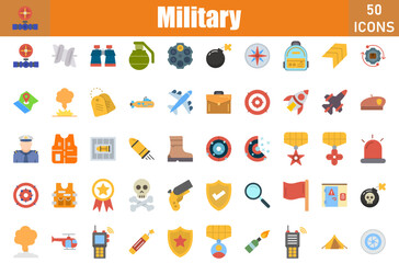 Military 50 web icons in flat style