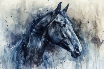Elegant contemporary watercolor horse portrait with abstract ink splatter effect and artistic equine illustration for modern home decoration and gallery theme