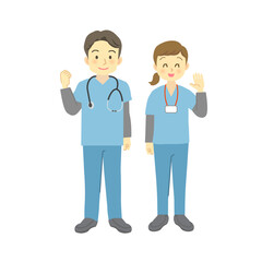 青系のスクラブを着用した医療従事者の男女（正面を向いて笑顔全身）　訪問看護・看護師・医師・介護福祉士
