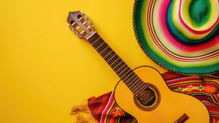 Top view Yellow background of vibrant Mexican party with sombrero, cactus plant and classical box...