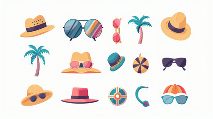 Naklejka premium Colorful seamless summer pattern with hand drawn beach elements such as Sunglasses & hats
