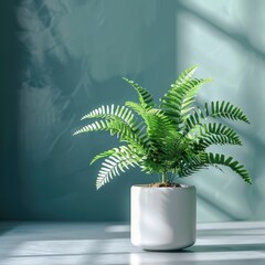 potted houseplant - Boston fern over grey blue, sun rays background. Plant leaves png isolated