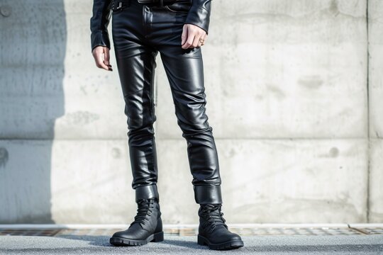 Man leather pants. One man belt. Generate Ai