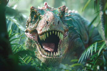 Generative ai on theme of big scary hungry dinosaur with kind eyes and sharp teeth destroying park