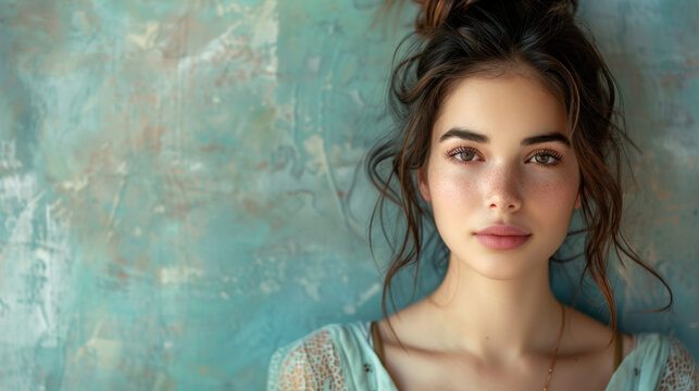 Captivating portrait of a female in casual attire against a soft pastel backdrop.