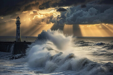 Generative ai on theme of large retro lighthouse with beam of bright light shining out to blue sea