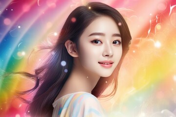 Asian, oriental young woman smiling looking at camera over abstract banner multicolored sparkling rainbow particles crystal bokeh background. Party femininity. Festive decoration copy space