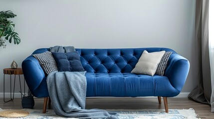 accented living room, inviting blue sofa adorned with throw blanket pillows is perfect for adding style to your space unwinding, ideal for interior decor inspiration