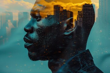 Artistic double exposure portrait of a thoughtful man merged with a vibrant city skyline at dusk
