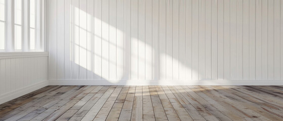 empty vintage interior room with white wooden walls and brown wooden plank floor with subtle sunlight coming in through the window