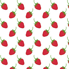 Seamless pattern for fabric and textiles. Red strawberry with a green tail on a white background. Print for packaging and wrapping paper. Juicy and ripe berries. Summer time. Vector illustration.