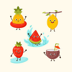 Cute funny fruits character pineapple, strawberry, coconut, lemon, watermelon. Funny fruits on summer holidays. Summer fruit characters smiling, relaxing, swimming in the sea