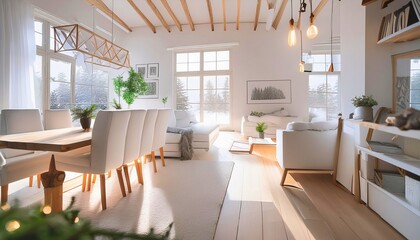 Modern dining and living area with a plush sofa, white chairs, large windows showcasing a snowy view, hanging lights, and indoor plants in a warm, inviting space.