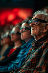 Fototapeta premium Audience in 3D glasses enjoying a thrilling movie scene at a cinema.