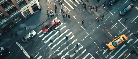 Aerial view of a busy city intersection, capturing the organized chaos of urban traffic.