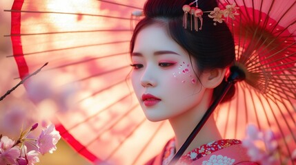 Asian woman wearing japanese traditional kimono and cherry blossom in spring, Japan