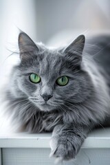Gray Cat With Green Eyes Sitting Down