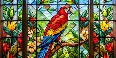 Naklejka premium Stained Glass Beautiful Parrot Art