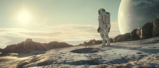 Astronaut strides across a lunar landscape with an Earthrise in view.