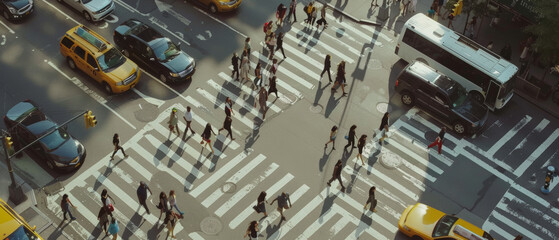 Aerial view of a bustling crosswalk in the city, with people and traffic in a structured chaos.
