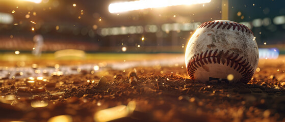 A weathered baseball rests on the field under glowing lights with magical sparkles in the air.