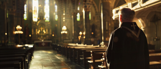 Obraz premium Priest in a solemn church service with ambient sunlight.