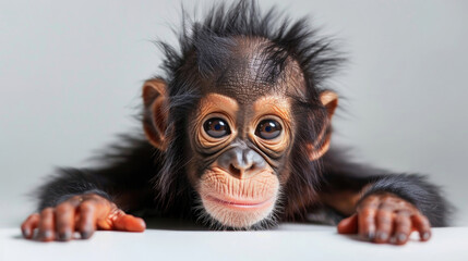 portrait cute baby monkey ape orang utan face with beautiful eyes isolated on white background created with Generative AI Technology