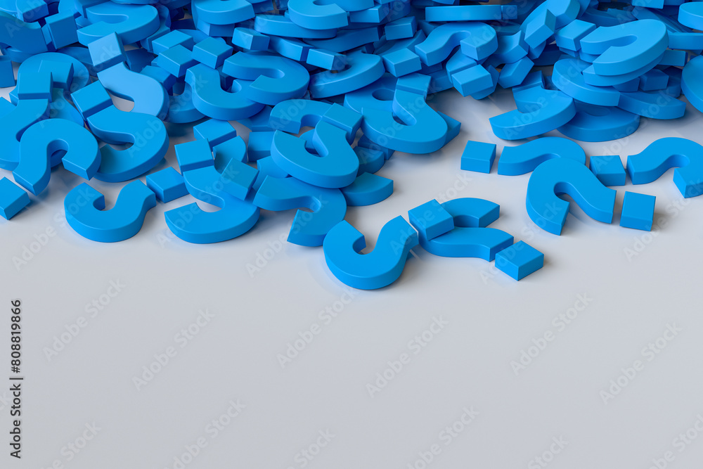 Poster blue question marks stack white background. 3d rendering