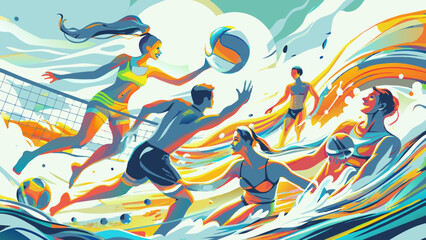 Vibrant Beach Volleyball Game in Dynamic Watercolor Illustration